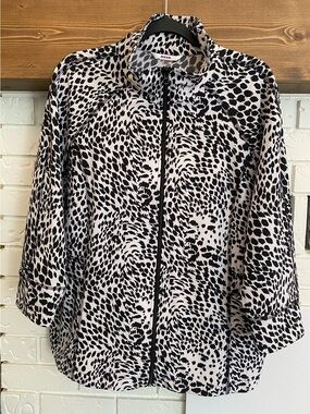 Alia Animal Print Zip Front Jacket | Black & White Stretch Knit | Size 18